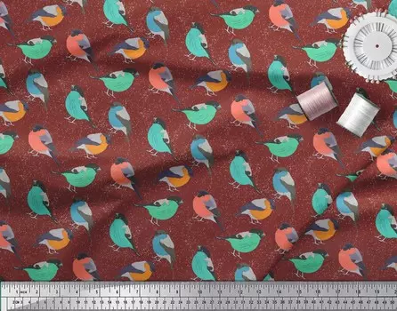 Красная поли креповая ткань Soimoi, рыжая мухоловка, птица, принты на метр, 42 дюйма 42 Inch Wide - Poly Crepe красный