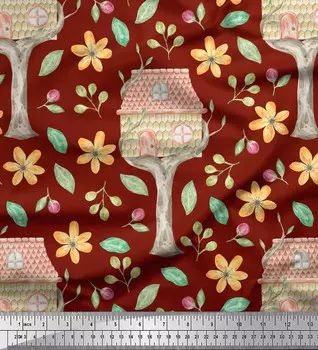 Красная полиэфирная креповая ткань Soimoi, домик на дереве и фрезия с цветочным принтом, ткань по метрам, 42 дюйма 42 Inch Wide - Poly Crepe красный