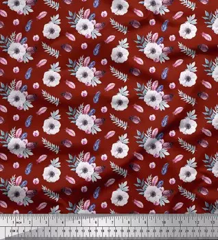 Красная полиэфирная креповая ткань Soimoi с цветочным принтом листьев и анемонов, 42 дюйма по метрам 42 Inch Wide - Poly Crepe красный