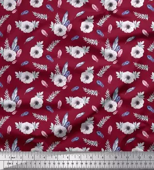 Красная полиэфирная креповая ткань Soimoi с цветочным принтом перьев и анемонов, 42 дюйма по метрам 42 Inch Wide - Poly Crepe красный