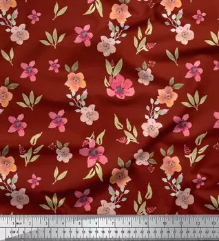Красная полиэфирная креповая ткань Soimoi с листьями и примулой, цветочный декор, ткань с принтом, 1 метр, 42 дюйма 42 Inch Wide - Poly Crepe красный