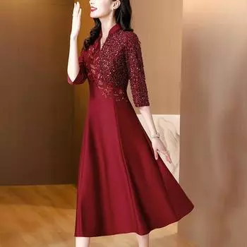 Красная праздничная юбка средней длины с V-образным вырезом и застежкой на талии, осеннее новое стильное платье для молодых мам L