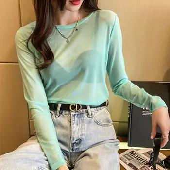 Красная прозрачная футболка женская, весенне-летняя, облегающая, однотонная, сетчатая, с длинными рукавами, универсальная, легкая и дышащая рубашка с подкладкой M чёрный