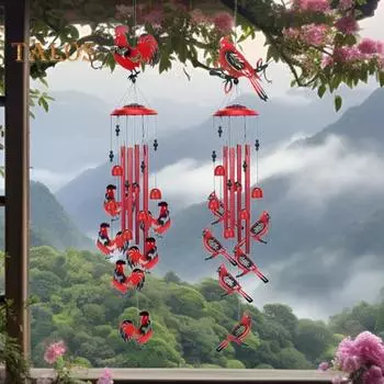 Красная птица ветряная музыка с 4 алюминиевыми трубками S-образный крючок натуральная успокаивающая мелодия винтажный садовый патио уличный петух подвесной ветряной колокольчик украшение A