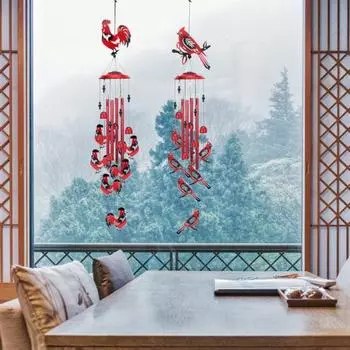 Красная птица ветряная музыка с 4 алюминиевыми трубками S-образный крючок натуральная успокаивающая мелодия винтажный садовый патио уличный петух подвесной ветряной колокольчик украшение A