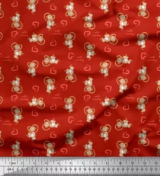 Красная японская креп-сатиновая ткань Soimoi, детская ткань с принтом в виде сердца и милой обезьянки, 42 дюйма по метрам 42 Inch Wide - Poly Crepe красный