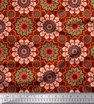 Красная японская креп-сатиновая ткань Soimoi, многоцветная ткань с принтом мандалы, 1 метр 42 дюйма 42 Inch Wide - Poly Crepe красный