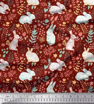 Красная японская креп-сатиновая ткань Soimoi с принтом листьев и кроликов и животных, 42 дюйма по метрам 42 Inch Wide - Poly Crepe красный