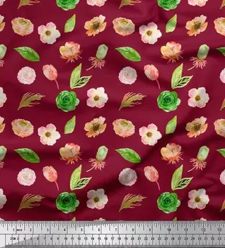 Красная японская креп-сатиновая ткань Soimoi с принтом анемоны и листьев, 42 дюйма по метрам 42 Inch Wide - Poly Crepe красный