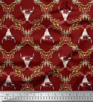 Красная японская креп-сатиновая ткань Soimoi с цветочным принтом и дамасской головой коровьего черепа, 42 дюйма в ярдах 42 Inch Wide - Cotton Voile красный