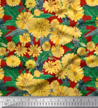 Красная японская креп-сатиновая ткань Soimoi с цветочным принтом листьев и астры, 42 дюйма по метрам 42 Inch Wide - Japan Crepe Satin красный