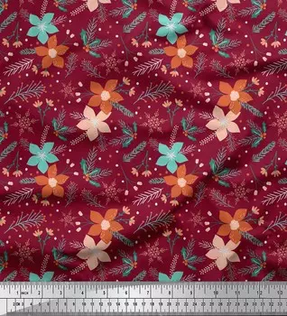 Красная японская креп-сатиновая ткань Soimoi со снежинками и Lysimachia Punctata с цветочным принтом, ткань для рукоделия шириной 42 дюйма по метрам 42 Inch Wide - Poly Crepe зелёный