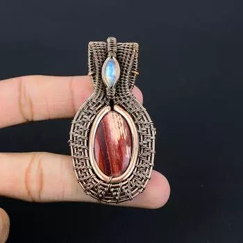 Красная речная яшма и лунный камень, драгоценный камень ручной работы из чистой медной проволоки, ювелирный кулон на День Благодарения 2.56 Inches красный