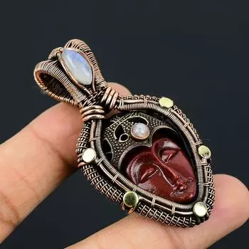 Красная резная кость, драгоценный камень, медная проволока, кулон, ювелирный подарок для нее 2.55 Inches красный