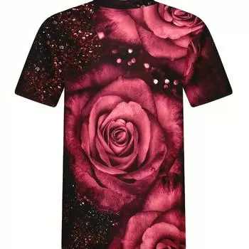 Красная роза Цветы 3D Принт Футболка Лето Винтаж Женский Пуловер Принт Футболки Повседневный Короткий Рукав Уличный Свободный Женский Топ S