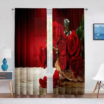 Красная Роза День Святого Валентина Цветочный Романтический Тюль Прозрачные Оконные Шторы для Гостиной Кухонный Декор Детская Спальня Вуаль Занавеска 1 PCS W100XH250cm&Rod Pocket