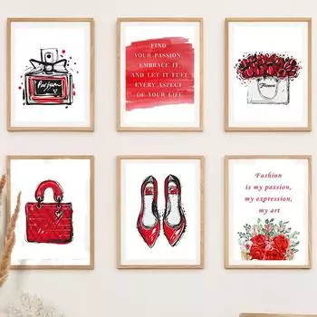 Красная роза модная сумка для духов на высоких каблуках настенная живопись на холсте плакаты на скандинавскую тему принты абстрактные картинки для декора гостиной 21x30cm No Framed