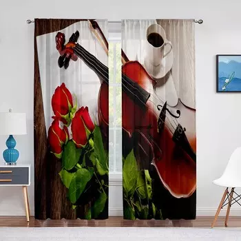 Красная роза с цветочным принтом, кофейная скрипка, прозрачная вуаль, занавеска для гостиной, оконные жалюзи, драпировка для спальни, кухня, зал, тюлевые шторы 1 PCS W100XH250cm&Rod Pocket