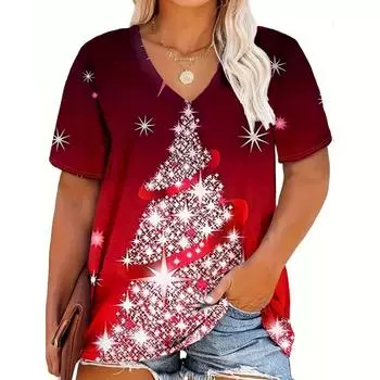 Красная рождественская футболка с 3D-принтом, женская уличная одежда, повседневные футболки, топы Y2k, женские футболки Harajuku с V-образным вырезом, свободная одежда XL