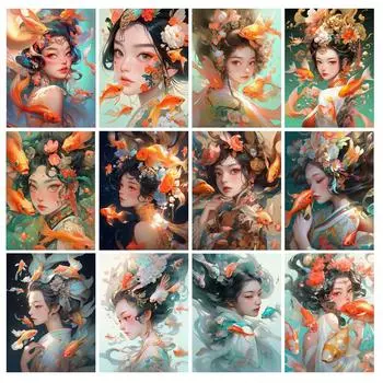 Красная Рыба Женщина Алмазная Живопись Новые Поступления Карп Кои Diy Полный Квадратный Круглый Дрель Горный Хрусталь Вышивка Девушка Мозаика Наборы Для Вышивки Крестом Настенный Декор Square drill 30x40cm