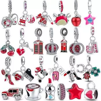 Красная серия, подвесная палитра, яблочная помада, каблуки, почтовое отделение, подходит для оригинального браслета, бусины из стерлингового серебра 925 пробы, ювелирные изделия