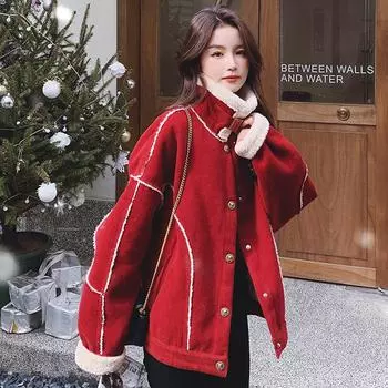 Красная шерстяная хлопковая зимняя женская куртка Parker Cotton Patchwork с утолщенным бархатом в уличном стиле в американском винтажном стиле из хлопка S