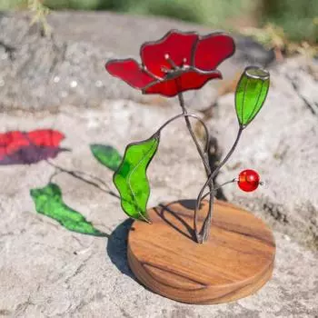Красная стеклянная фигурка цветов, миниатюрная цветочная скульптура, настольная статуэтка, цветок-ловец солнца ручной работы с деревянными