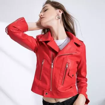 Красная весенне-осенняя женская куртка из искусственной кожи, женская однотонная байкерская куртка на молнии, женская повседневная верхняя одежда, мотоциклетные куртки S красный
