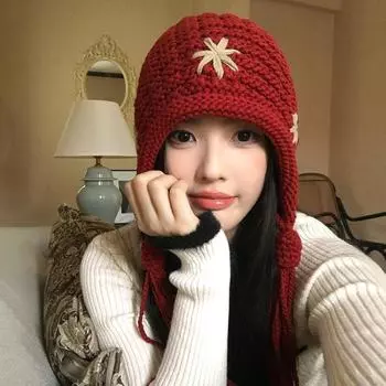 Красная вязаная шерстяная шапка ручной работы с цветочной бахромой, женская осенне-зимняя ретро-тепловая защитная шапка-мешок для ушей M56-58cm