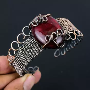 Красная вспышка Лабрадорит Чистая медная проволока, обернутая ювелирными изделиями ручной работы Браслет Браслет Регулируемый Adjustable красный