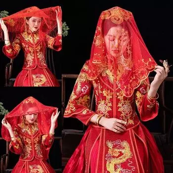 Красная вуаль Свадебные аксессуары Фата невесты с кисточками Китайские свадебные головные уборы Кружевные вуали Свадебные головные уборы 68x70cm-C