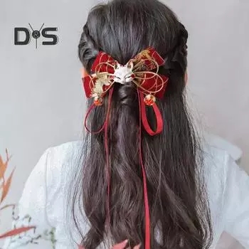 Красная заколка-бантик с кисточками, декор в виде лисы, длинная лента, празднование китайского Нового года, мультяшный аксессуар для волос E