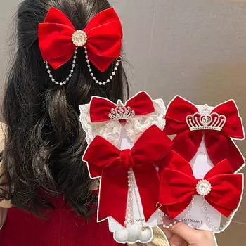 Красная заколка для волос с лентой-бантом на год, кавайные аксессуары для волос для женщин и девочек, украшение для волос на весенний фестиваль
