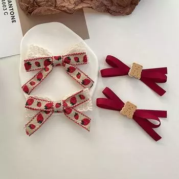 Красная заколка для волос с вышитым клубничным джемом и бантом в виде медведя - Двойная заколка для хвоста ribbon bear bow hair clip pair красный
