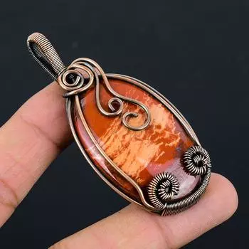 Красная змеиная кожа/Красная речная яшма Драгоценный камень Чистая медная проволока Обернутая ювелирная подвеска ручной работы 2.95 Inches красный