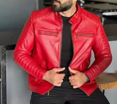 КРАСНАЯ куртка из натуральной мягкой кожи ягненка, мужская, ручная работа, стильная, для мотоциклистов XS красный