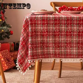 Красно-белая клетчатая скатерть с рисунком снежинок, полиэстеровая тканая скатерть, машинного производства, нескользящая, пылезащитная, декоративная скатерть для столовой, кофе 100*160cm
