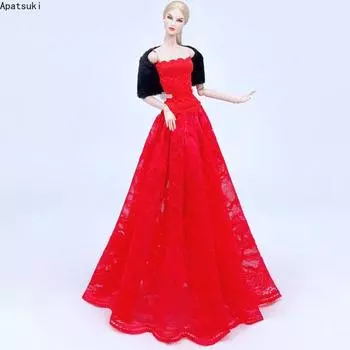 Красное, черное кружевное длинное платье, черная меховая накидка, шаль для куклы Барби, наряды, модный комплект одежды для куклы 1/6, аксессуары для кукол, детские игрушки красный