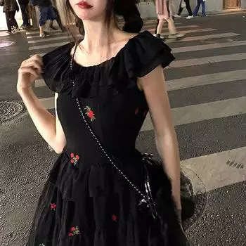 Красное цветочное вышивка с закрытой талией, большое свободное платье, женская летняя винтажная юбка со вкусом портвейна S