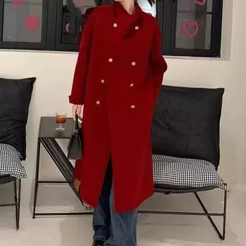 Красное двухстороннее шерстяное пальто для женщин осень-зима новый модный дизайн популярное длинное шерстяное пальто S красный