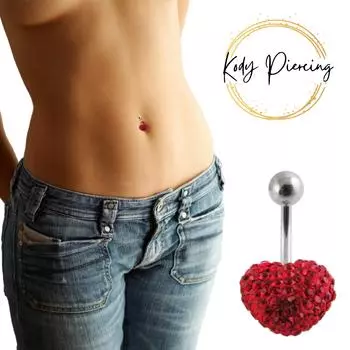 Красное хрустальное сердце, пирсинг пупка, стальной шарик, стержень 10 мм