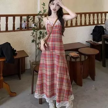 Красное клетчатое платье без рукавов, женское платье миди в стиле Харадзюку, милое летнее кружевное платье на тонких бретельках для женщин, ретро платье с высокой талией S красный
