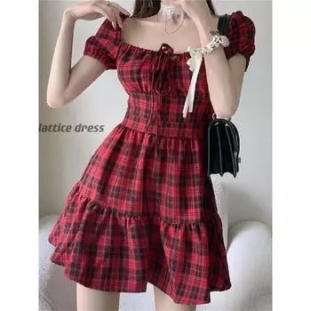 Красное клетчатое платье, летнее платье, новинка 2023, женская французская классическая винтажная юбка с маленькими рукавами-пузырьками, милая юбка First Love