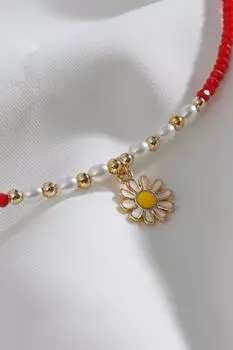 Красное колье из хрустящей ромашки из бисера