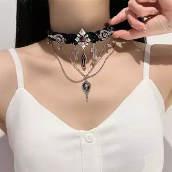 Красное кожаное ожерелье Y2K с кисточками, ожерелье с бусинами, индивидуальное колье с черепом на Хэллоуин для девочек чёрный