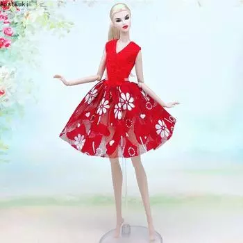 Красное кружевное платье-пачка с цветочным принтом для куклы Барби, модная одежда для кукол, платье, игрушки для детей 1:6 аксессуаров для кукол красный
