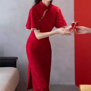 Красное кружевное женское платье Cheongsam, элегантное тонкое платье в стиле ретро с воротником-стойкой и рукавами 3/4, жаккардовое кружево Ципао, вечернее свадебное платье в китайском стиле L красный