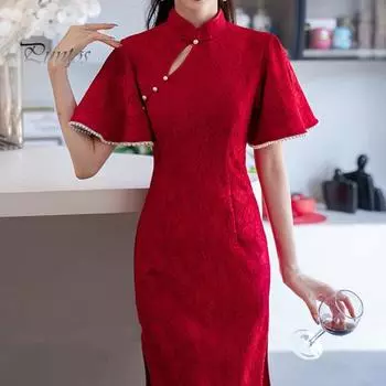Красное кружевное женское платье Cheongsam, элегантное тонкое платье в стиле ретро с воротником-стойкой и рукавами 3/4, жаккардовое кружево Ципао, вечернее свадебное платье в китайском стиле S красный