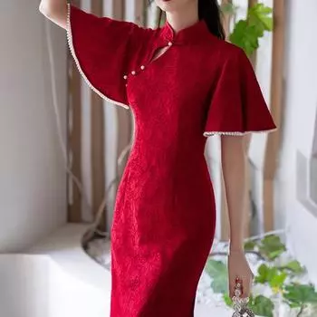 Красное кружевное женское платье Cheongsam, элегантное тонкое платье в стиле ретро с воротником-стойкой и рукавами 3/4, жаккардовое кружево Ципао, вечернее свадебное платье в китайском стиле L красный