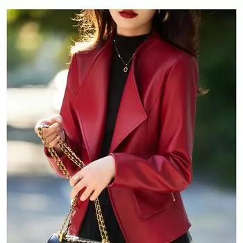 Красное маленькое кожаное пальто для женщин весной и осенью, новый тонкий и маленький повседневный топ, короткий пиджак ранней весны 3XL